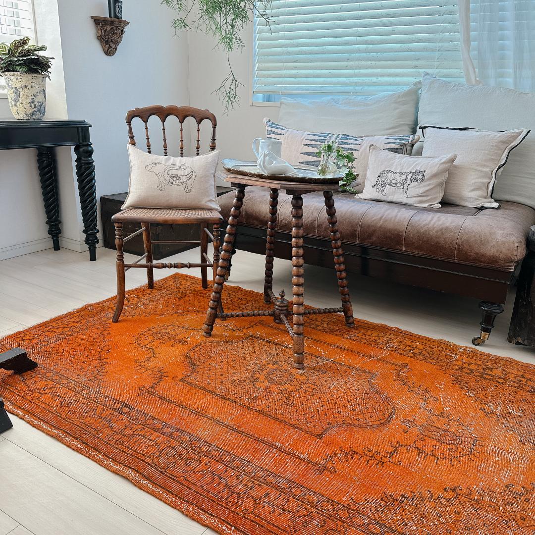 トルコヴィンテージラグ A75 オレンジ オーバーダイラグ