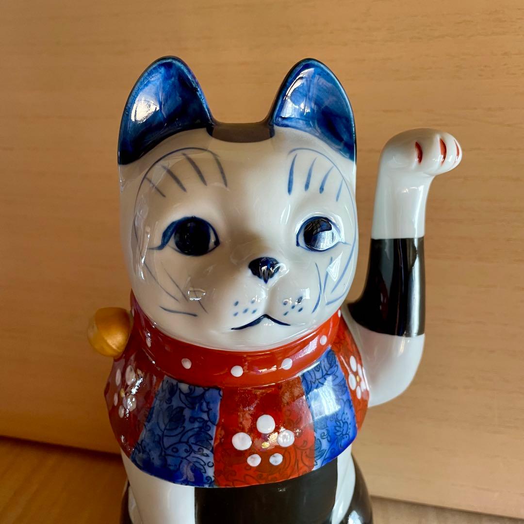 【未使用】赤絵市松猫　招き猫　瀬戸焼　左　まねきねこ　置物　縁起物