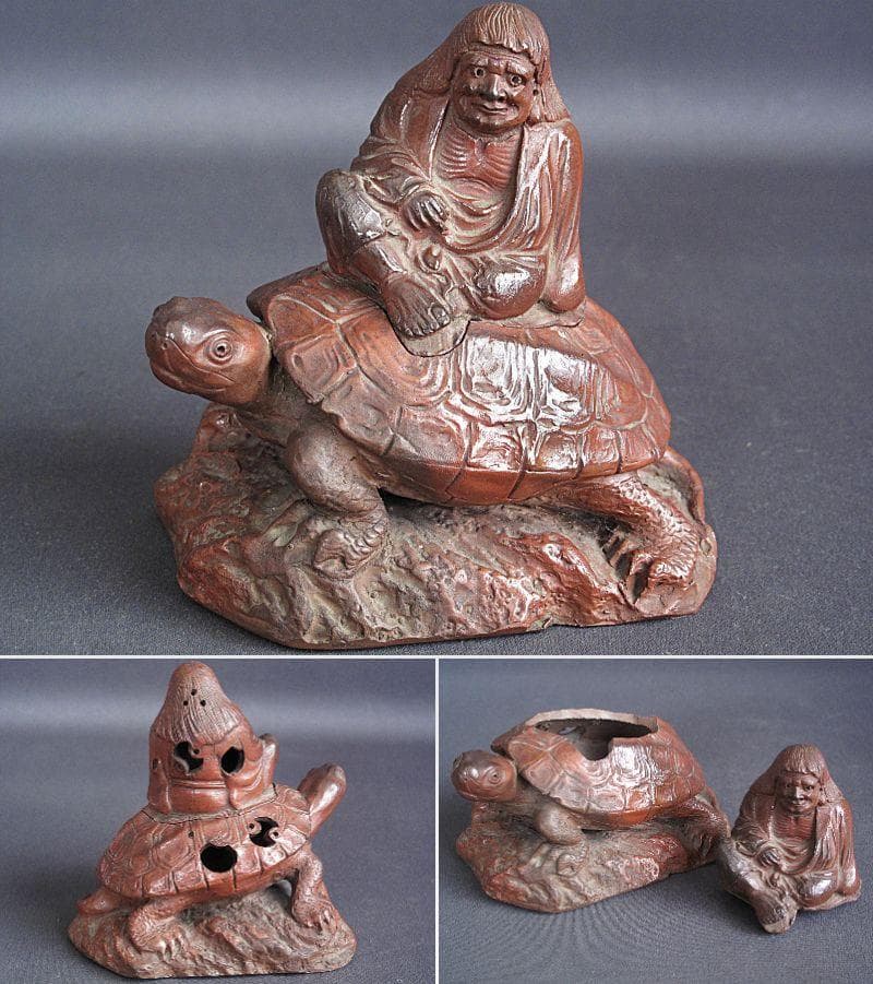 値下げ‼️ 時代!! 天保赤備前『亀に仙人香炉』珍しい細工物　高13㎝