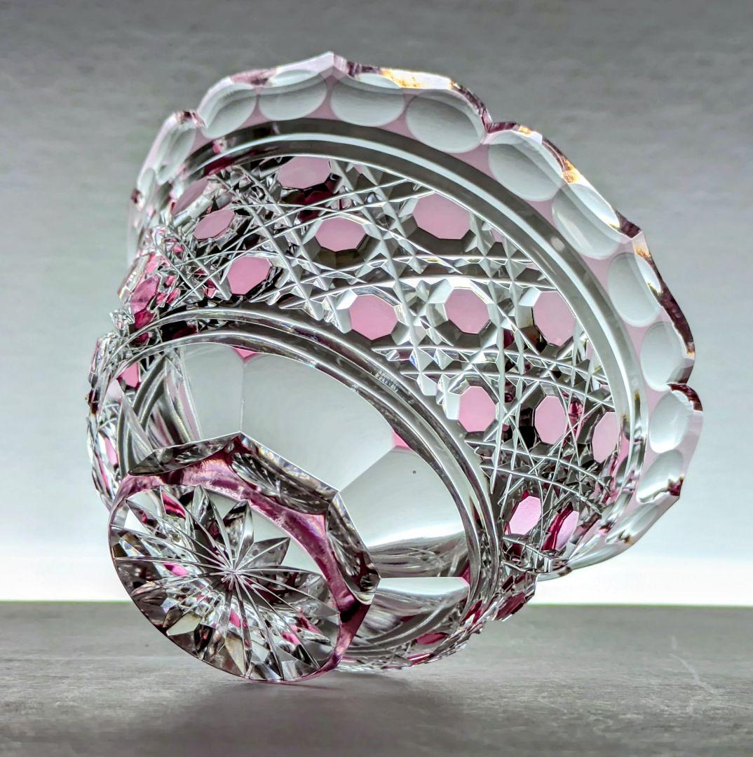 江戸切子　堀口硝子✩秀石　金赤色被せ　八角籠目 蓋物　【 美品 】