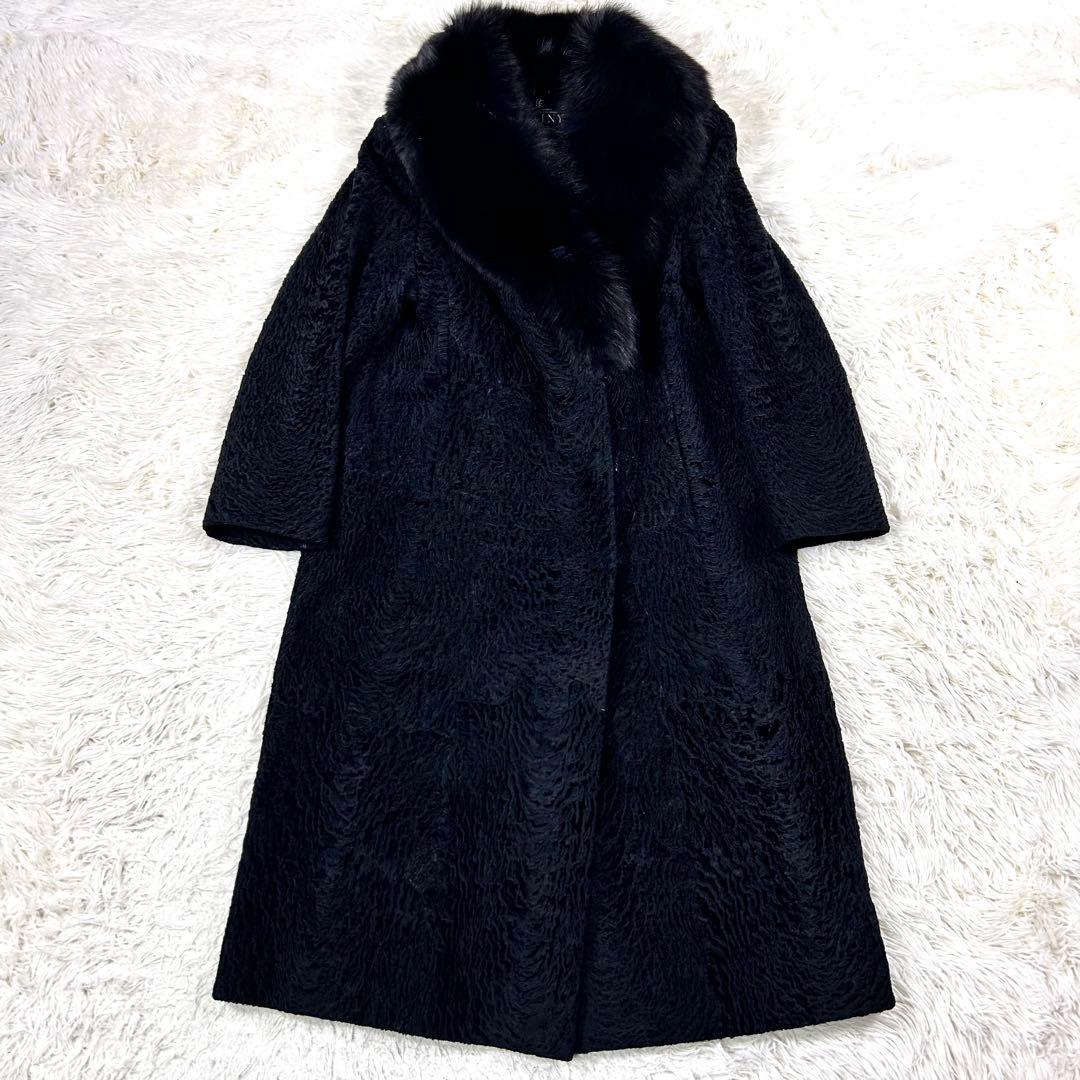 美品 アストラカン カラクールラム フォックスファー ロングコート 黒 105㌢