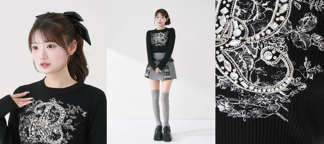 ダーリッチ darich DRビジューフラワーリブニットトップス SAX