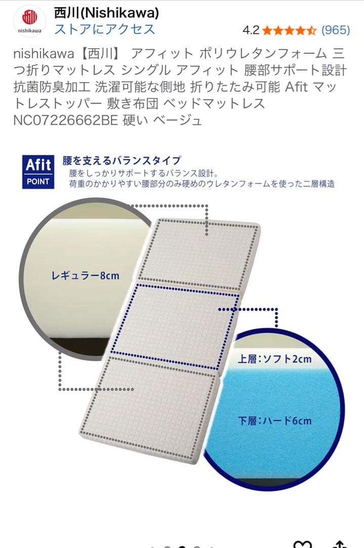 西川 Afit 三つ折りマットレス シングル