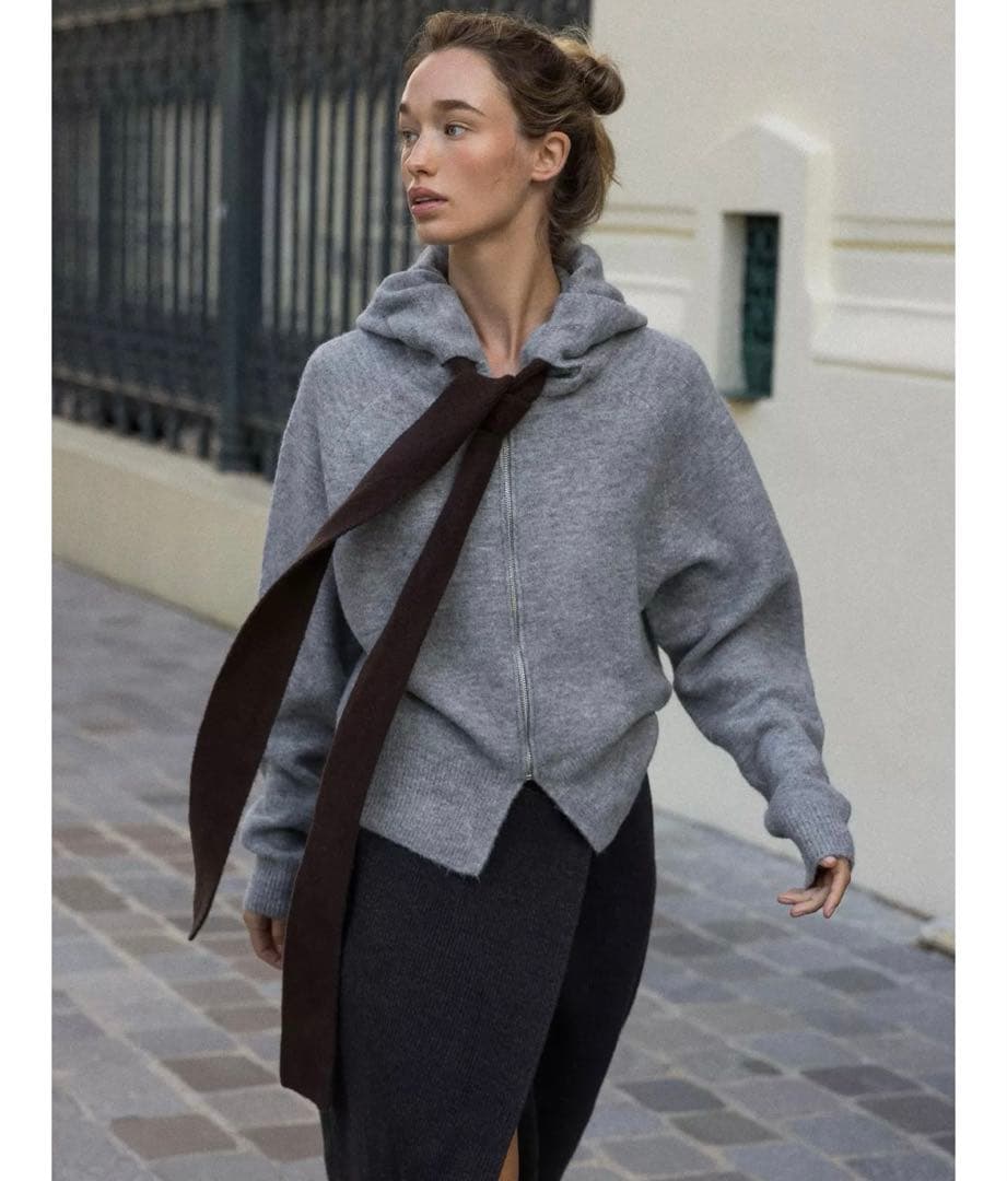 タグ付新品★ZARAのコントラストドローストリングフーディ★S★ミディアムグレー