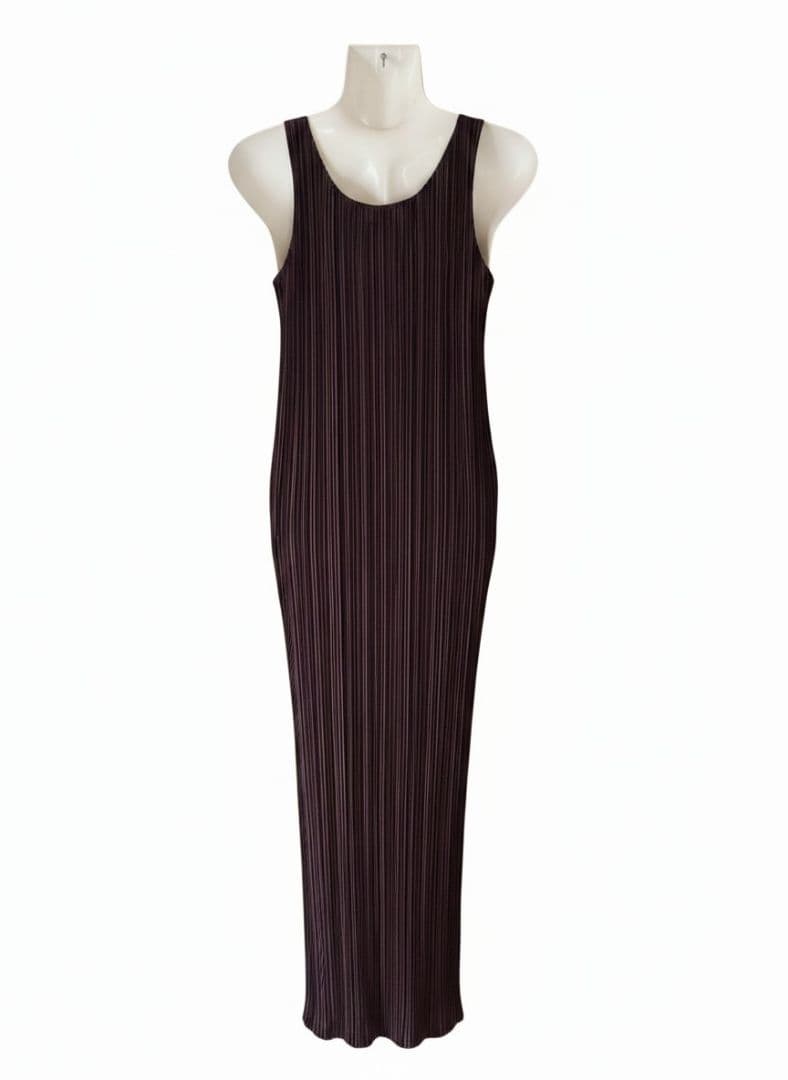 イッセイミヤケ　プリーツマキシワンピース　ブラウン　ノースリーブ