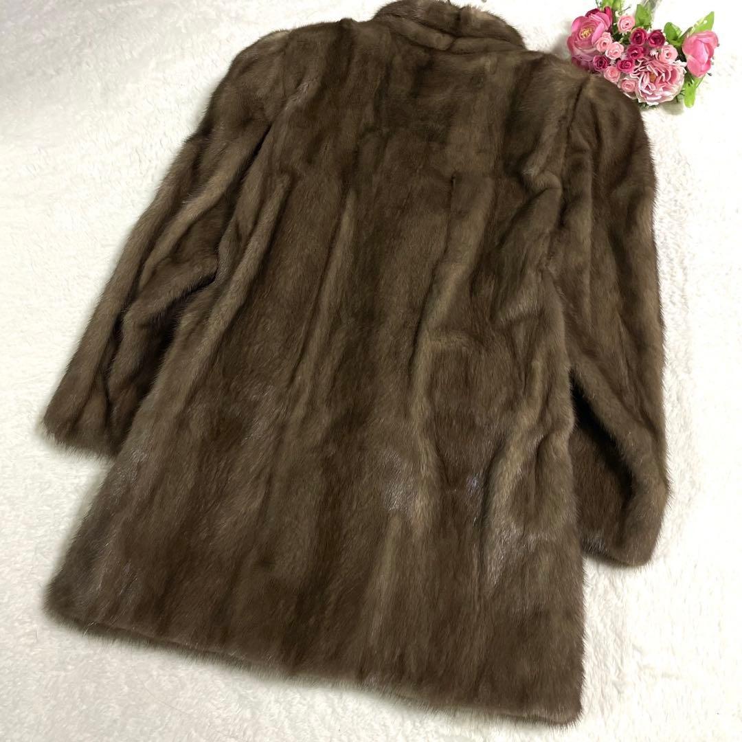 美品◎デミバフミンク ファーコート ベルト付き ポケット ブラウン系 MINK