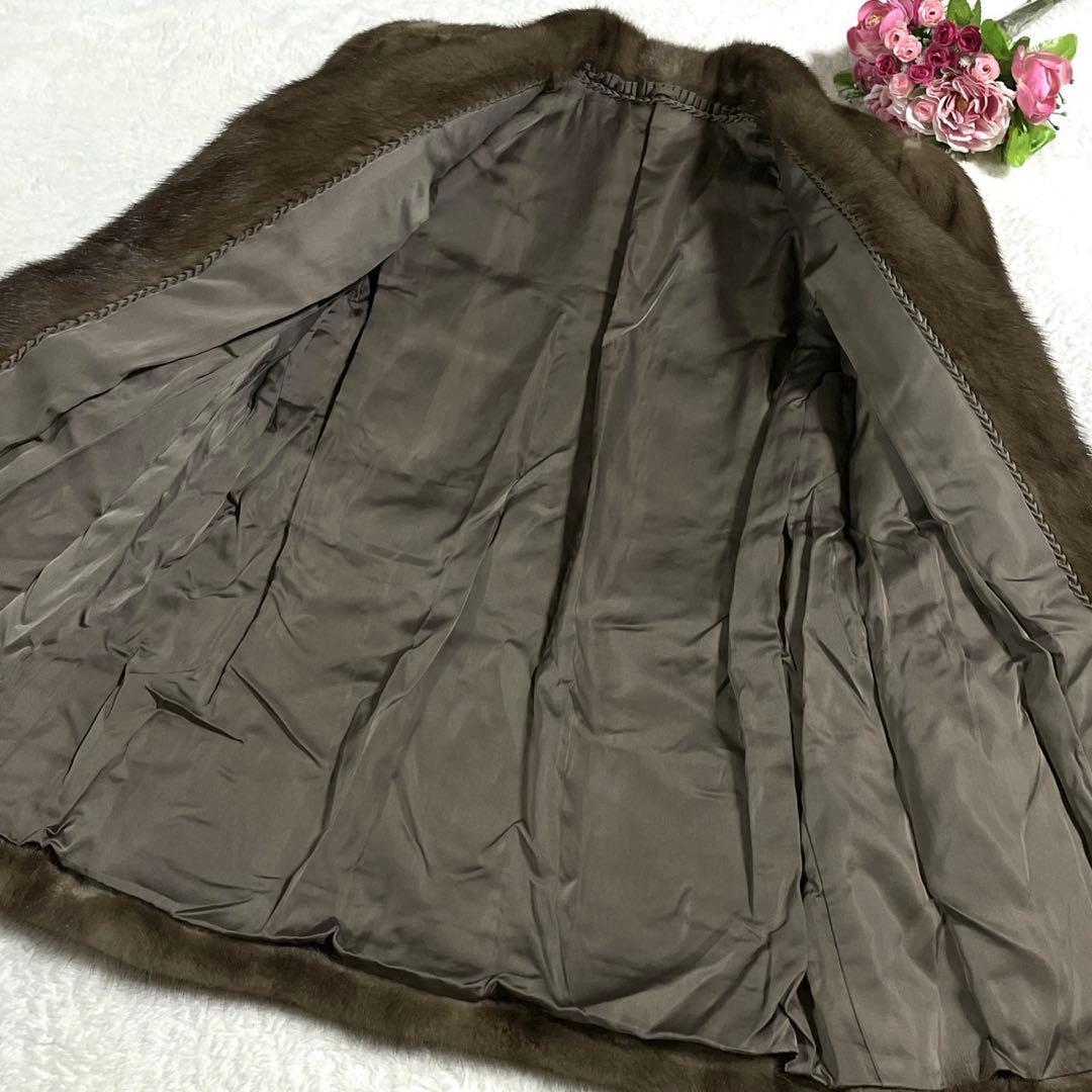 美品◎デミバフミンク ファーコート ベルト付き ポケット ブラウン系 MINK
