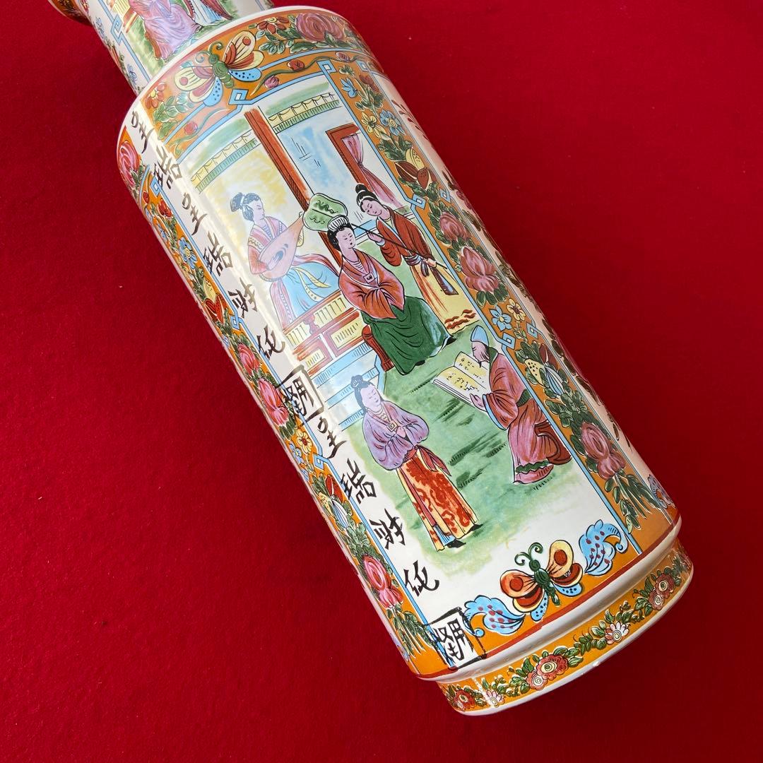 中国 アンティーク 花瓶 色絵 花鳥 人物文様 大型花器 飾り壺　e1357-G