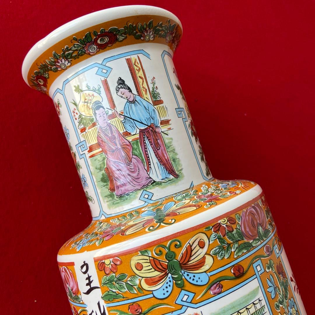 中国 アンティーク 花瓶 色絵 花鳥 人物文様 大型花器 飾り壺　e1357-G