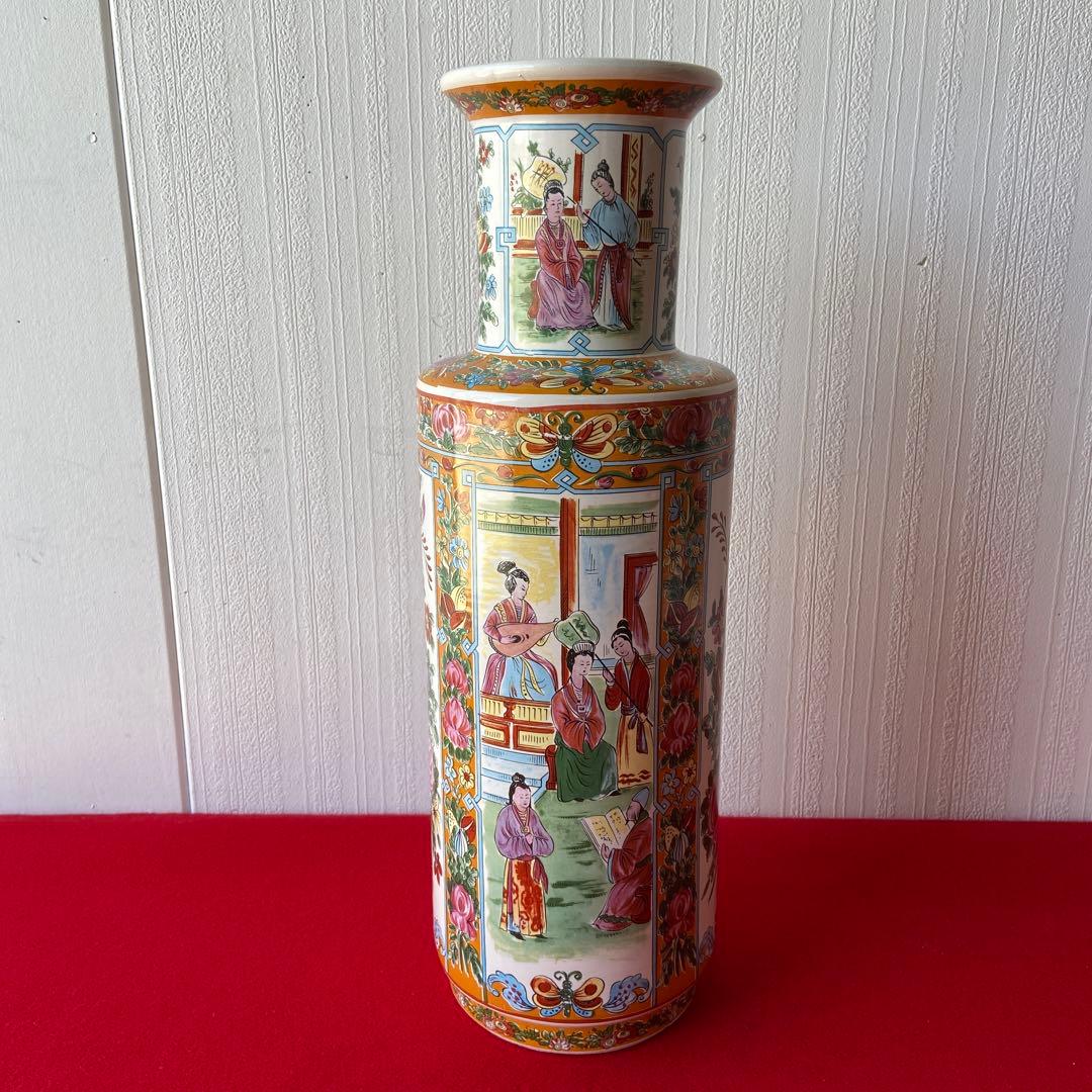 中国 アンティーク 花瓶 色絵 花鳥 人物文様 大型花器 飾り壺　e1357-G