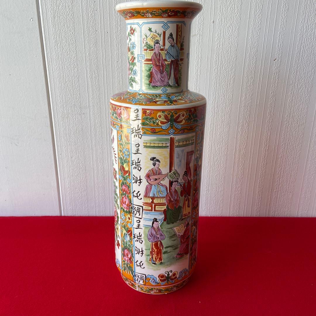 中国 アンティーク 花瓶 色絵 花鳥 人物文様 大型花器 飾り壺　e1357-G