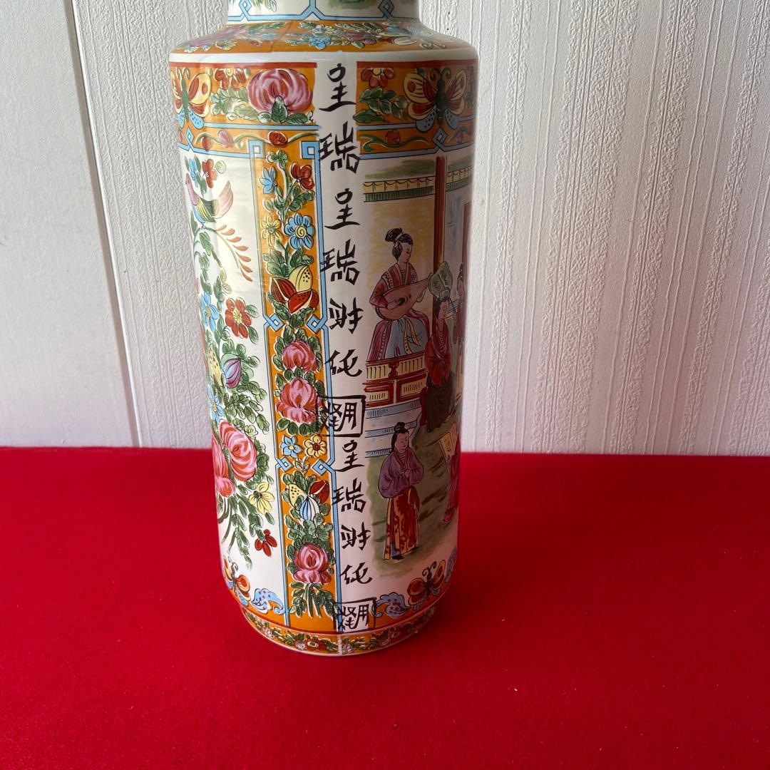 中国 アンティーク 花瓶 色絵 花鳥 人物文様 大型花器 飾り壺　e1357-G