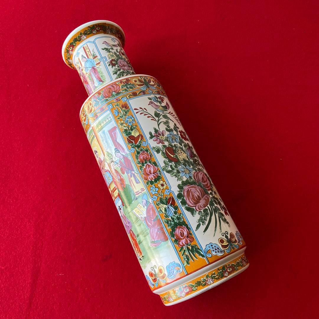 中国 アンティーク 花瓶 色絵 花鳥 人物文様 大型花器 飾り壺　e1357-G