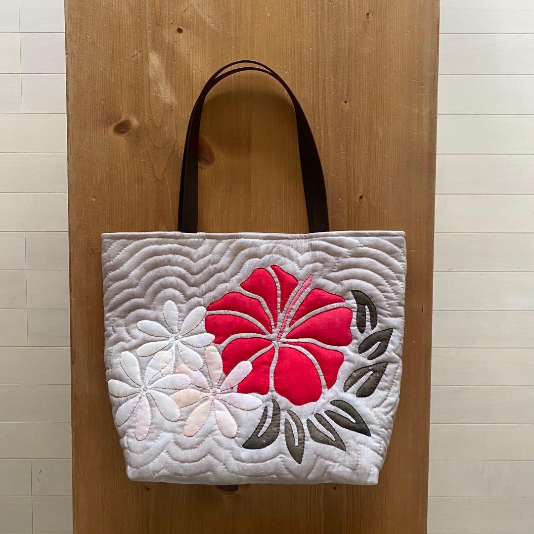 ハワイアンキルト◆トートバッグ◆ハイビスカス&ティアレ◆ハンドメイド