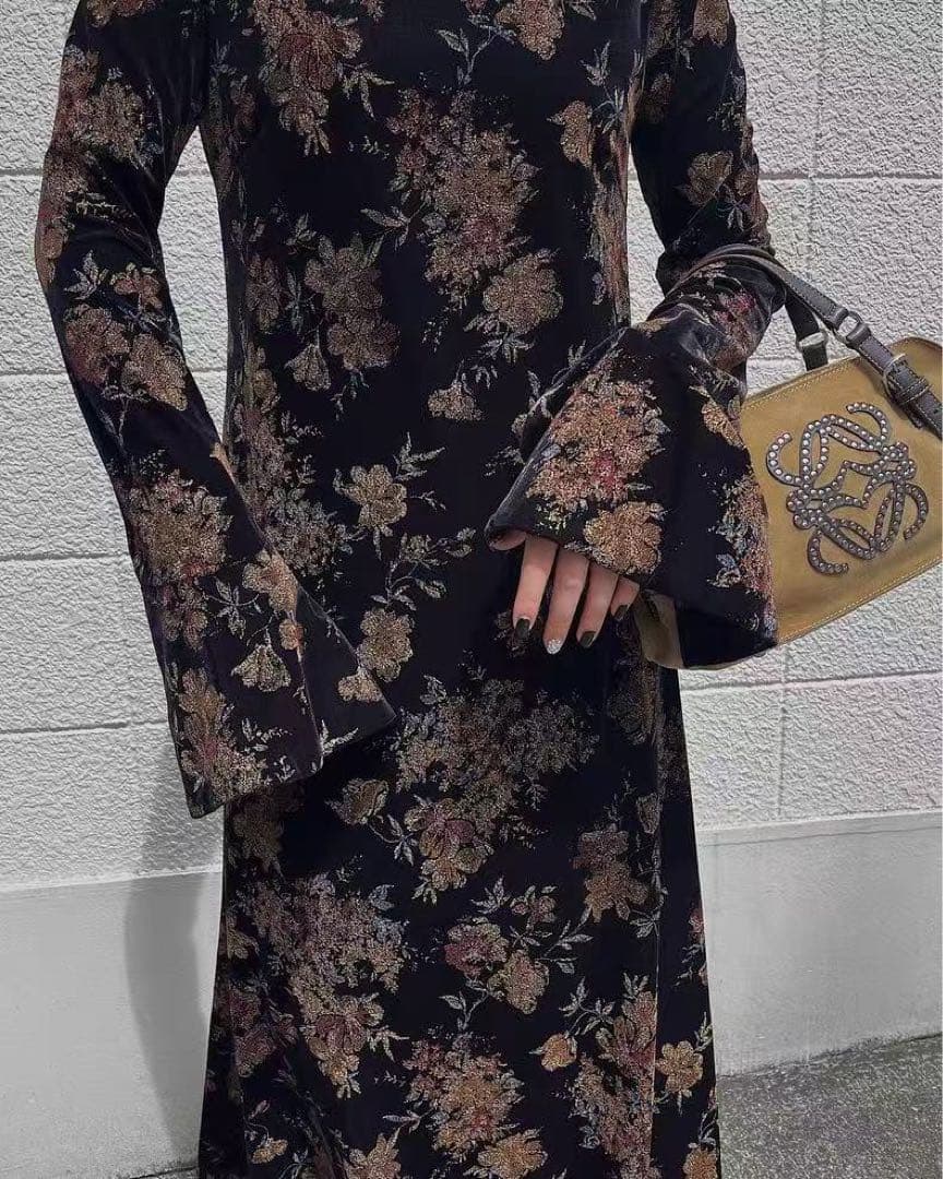 ワンピース Ameri FLOWER PRINT VELOUR DRESS