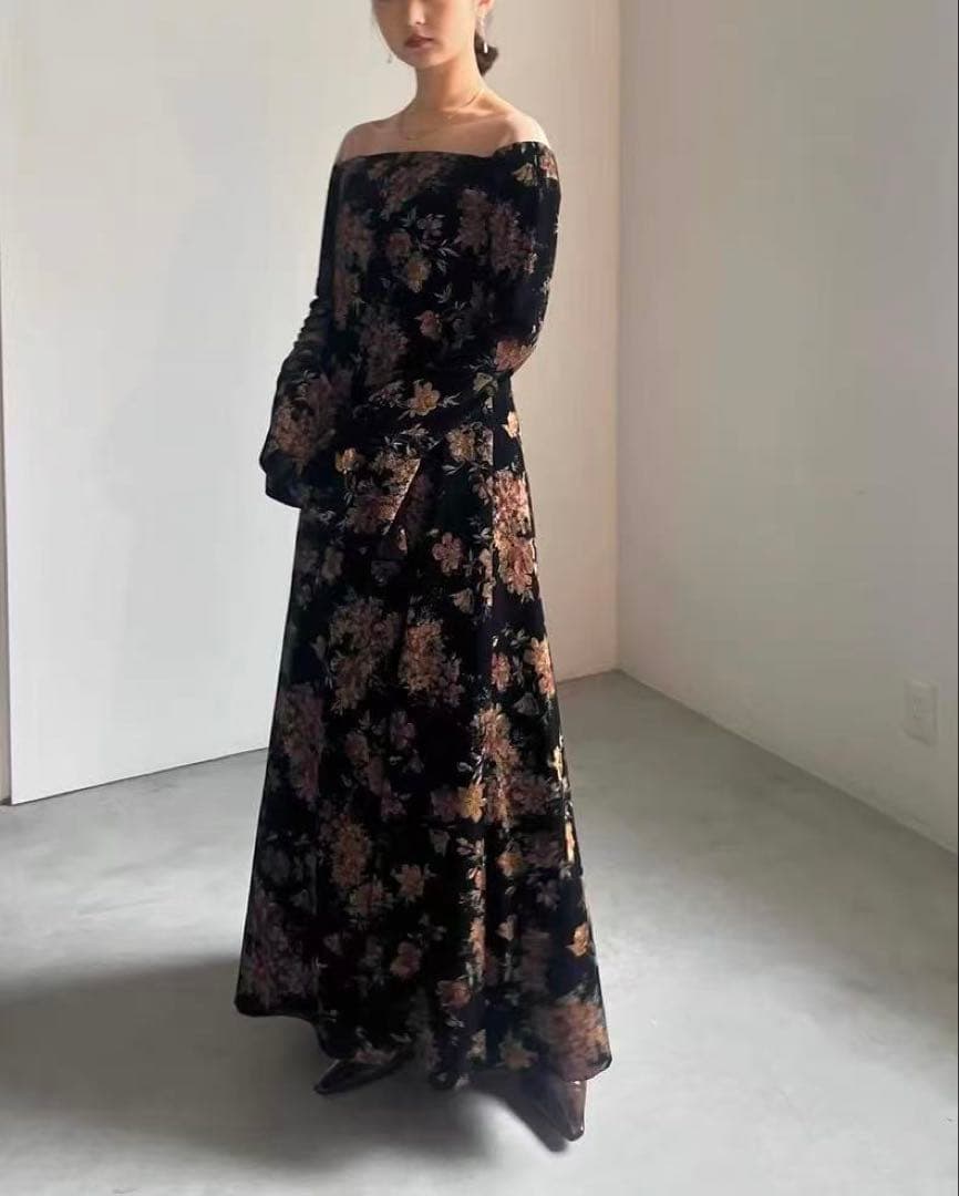 ワンピース Ameri FLOWER PRINT VELOUR DRESS