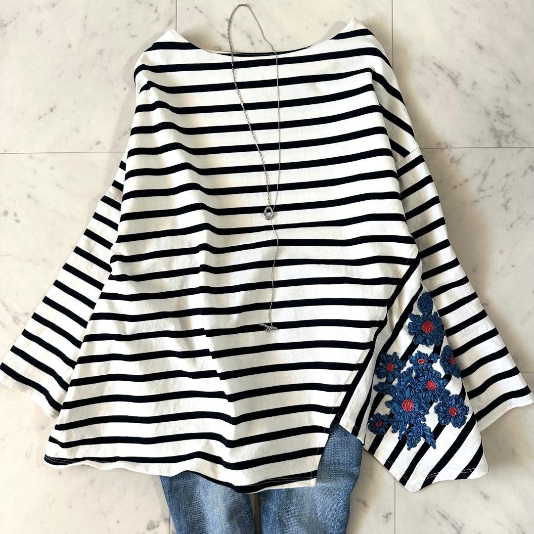 極美品♪ビアズリー アシンメトリー 切替ボーダーブラウス 花刺繍 フラワー