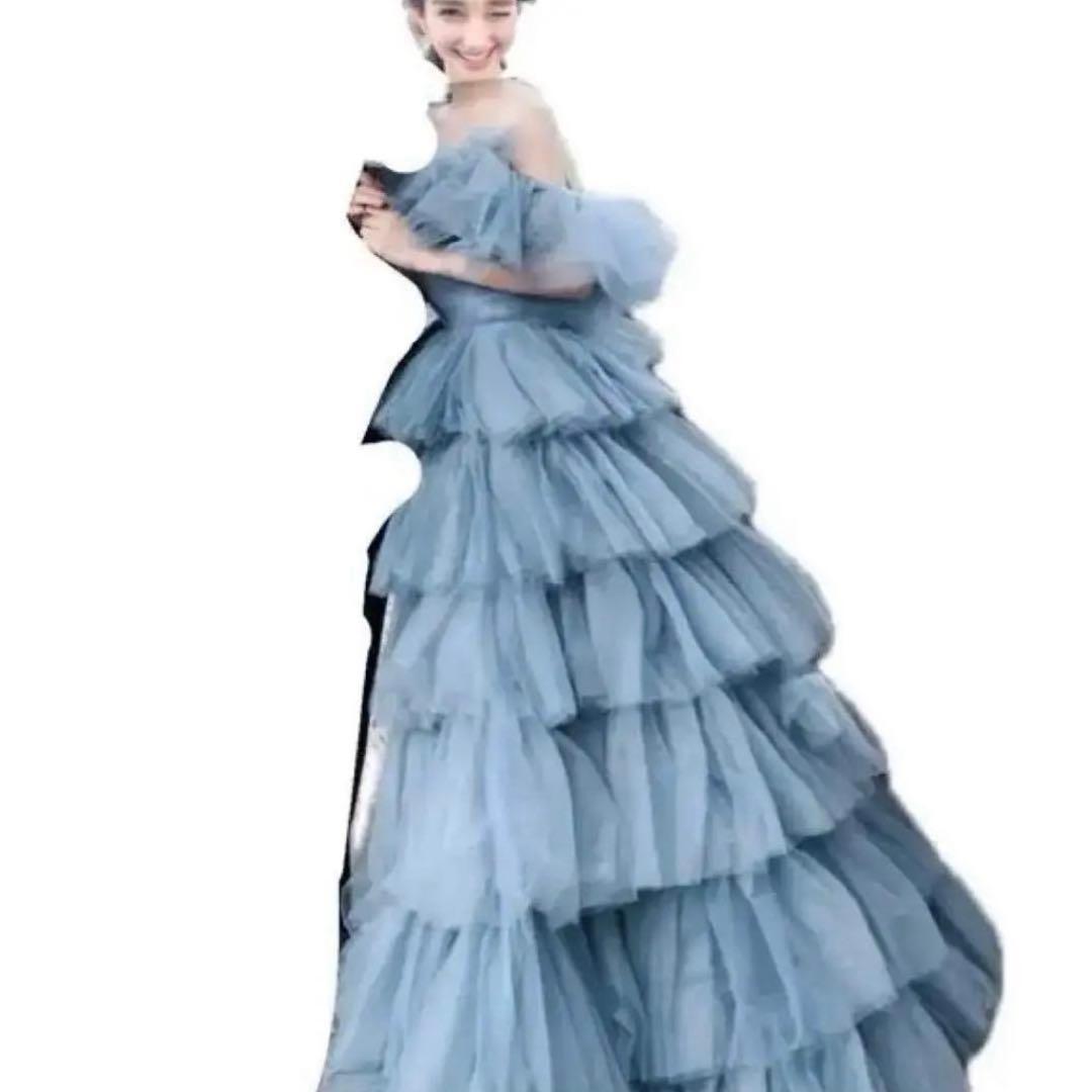 定価35万　ライトブルー ティアードフリル ウェディングドレス
