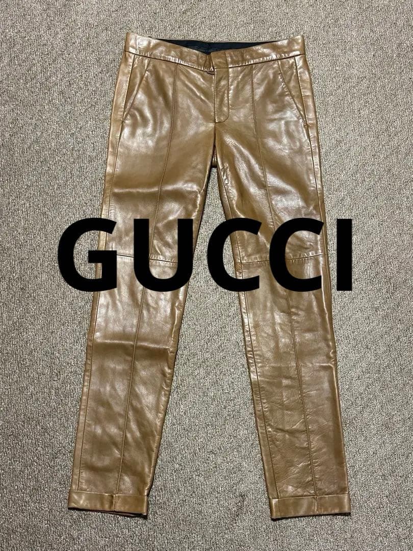 美品 GUCCI ブラウン ラムレザー パンツ 38 レディース ハンガー付き