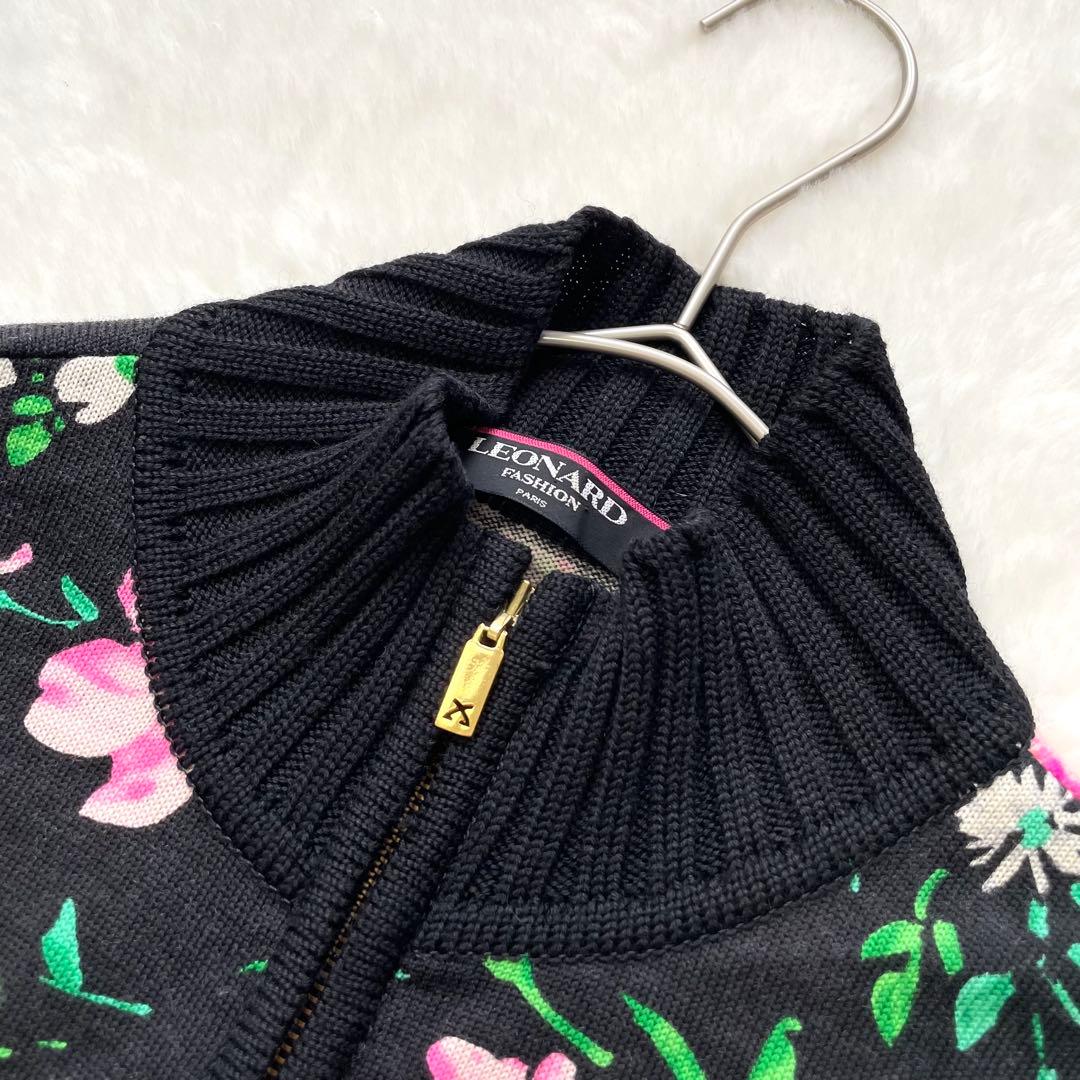 LEONARD シルク混フルジップカーディガン フラワー ブラック L