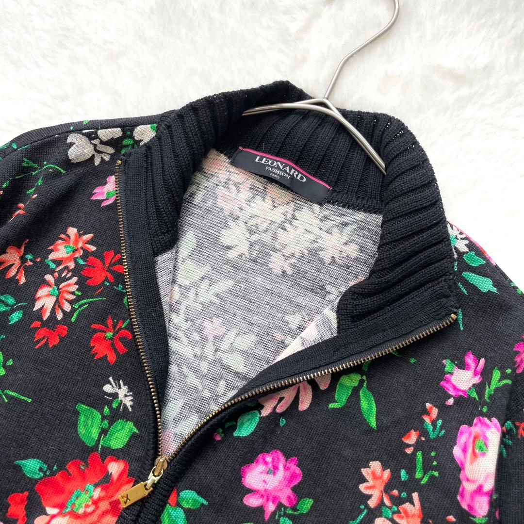 LEONARD シルク混フルジップカーディガン フラワー ブラック L