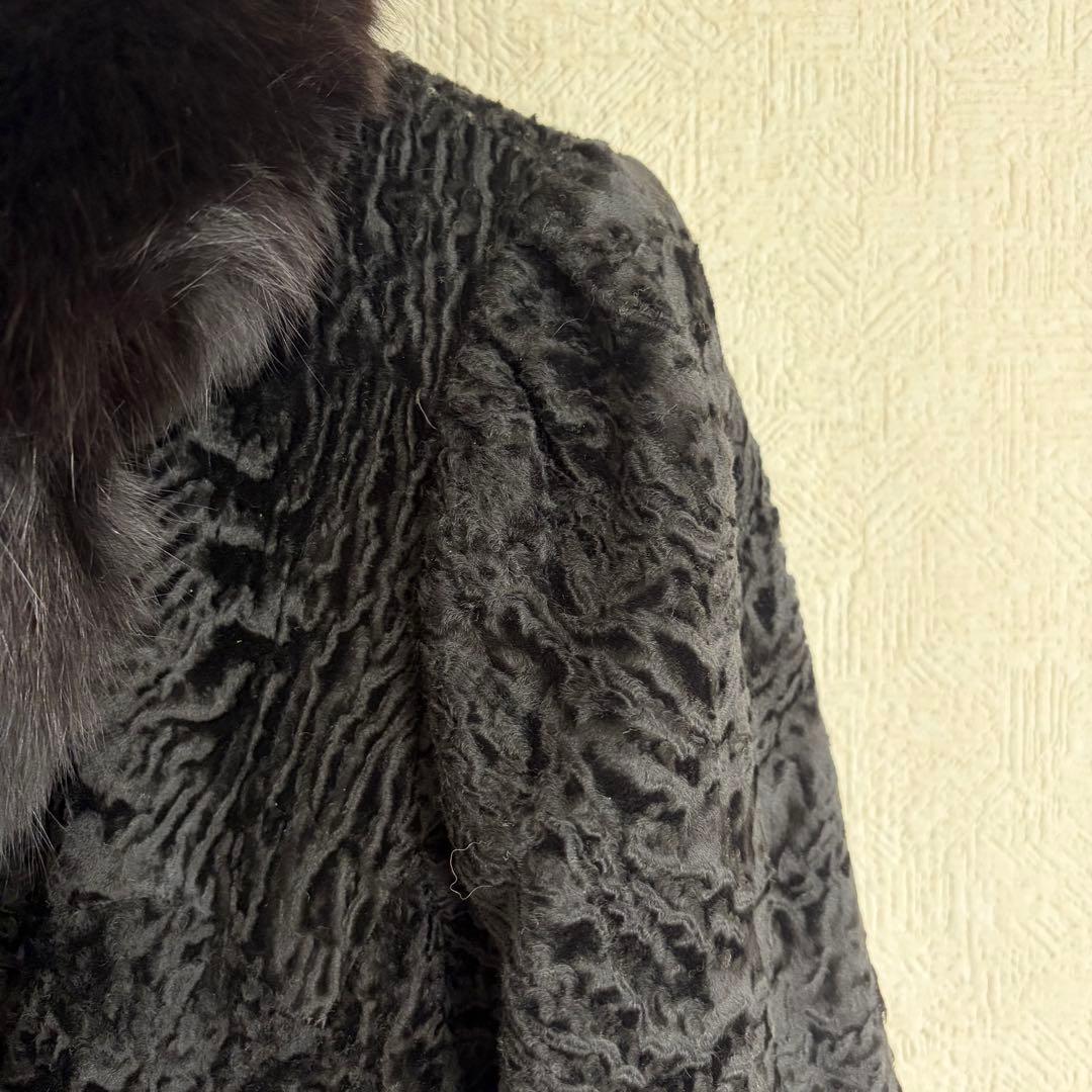 スワカラ　カラクルラム　アストラカン　フォックスファー襟　袖口ミンクロングコート