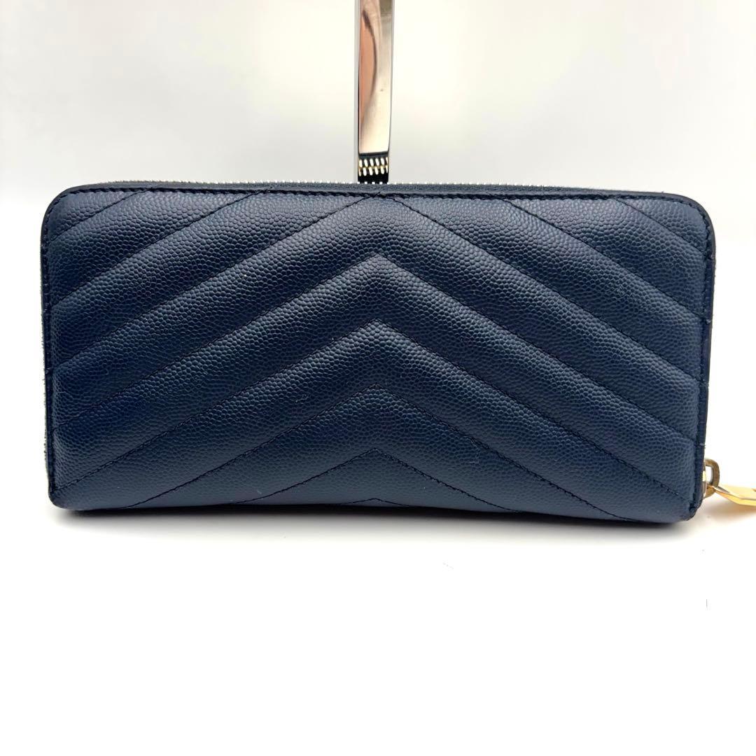 サンローラン 長財布 ラウンドジップ キャビアスキン Vステッチ ネイビー