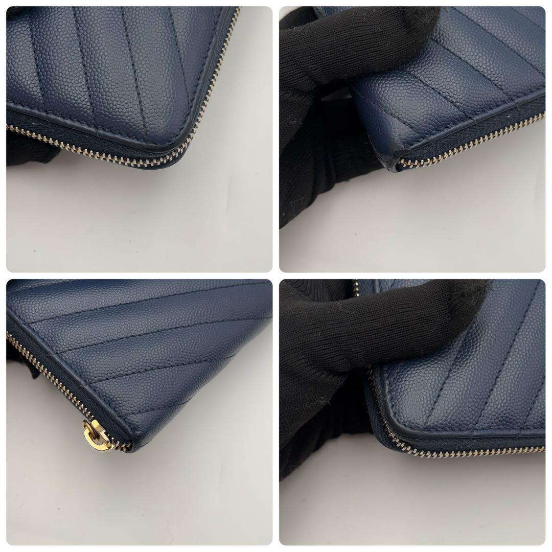 サンローラン 長財布 ラウンドジップ キャビアスキン Vステッチ ネイビー