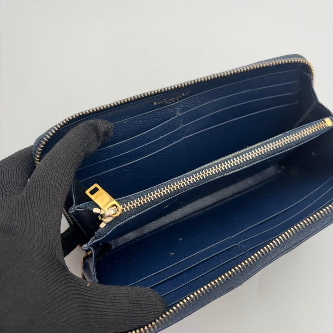 サンローラン 長財布 ラウンドジップ キャビアスキン Vステッチ ネイビー