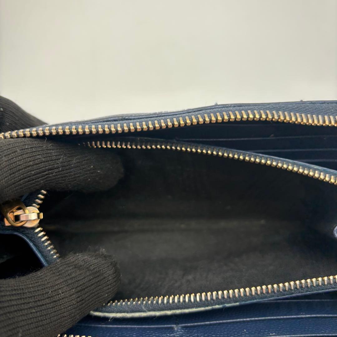 サンローラン 長財布 ラウンドジップ キャビアスキン Vステッチ ネイビー