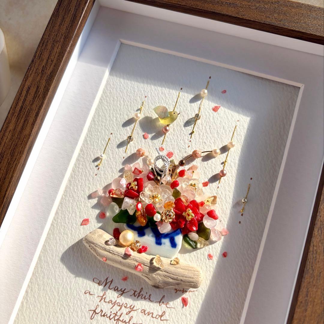 新年のフラワーアレンジ　シーグラスアート／天然石／フレーム