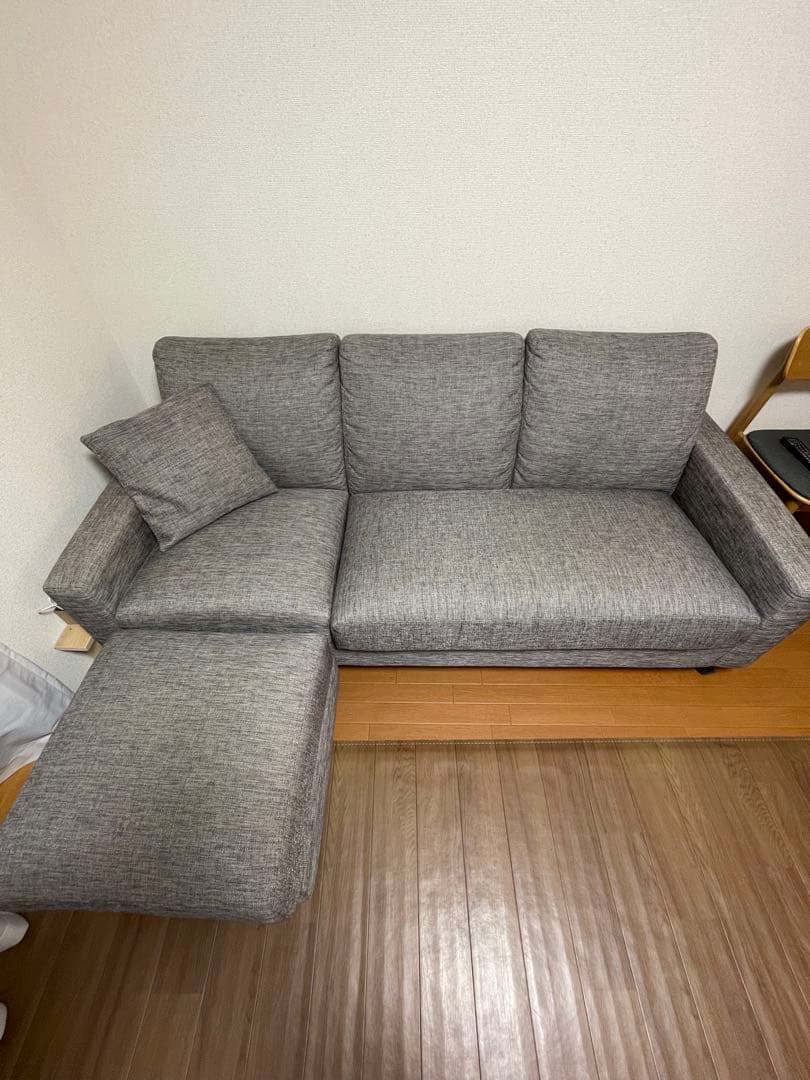 【1/10まで】グレー ファブリック ソファ＋オットマン＋クッション付き