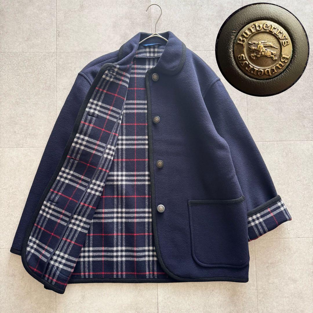 バーバリーズ　コート　ダブルフェイス　ノバチェック　カシミヤ混　7　紺　金ボタン