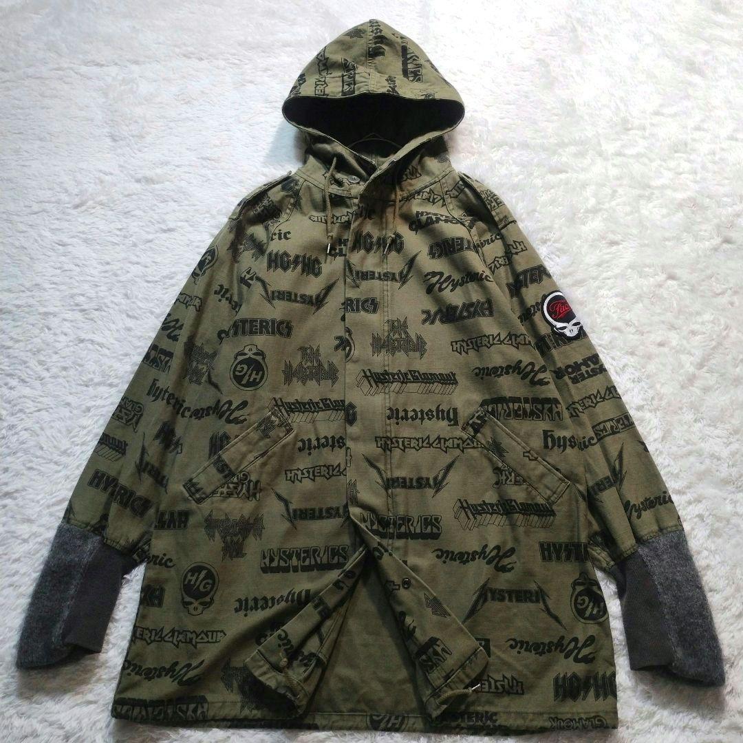 【美品】ヒステリックグラマー　総柄モッズコート　袖リブ　スカルワッペン　カーキ系