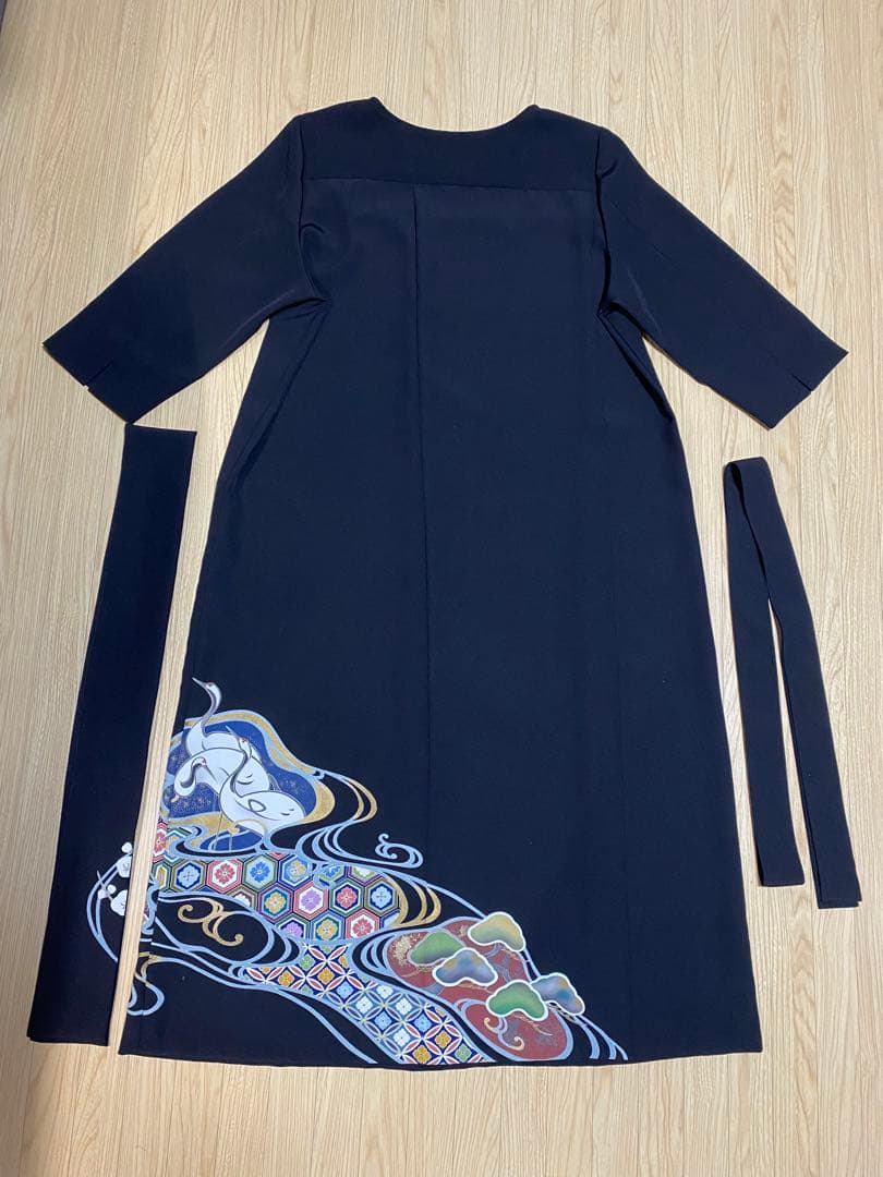 《LL 118cm》黒留袖リメイク ヨーク切り替え 七分袖 ワンピース