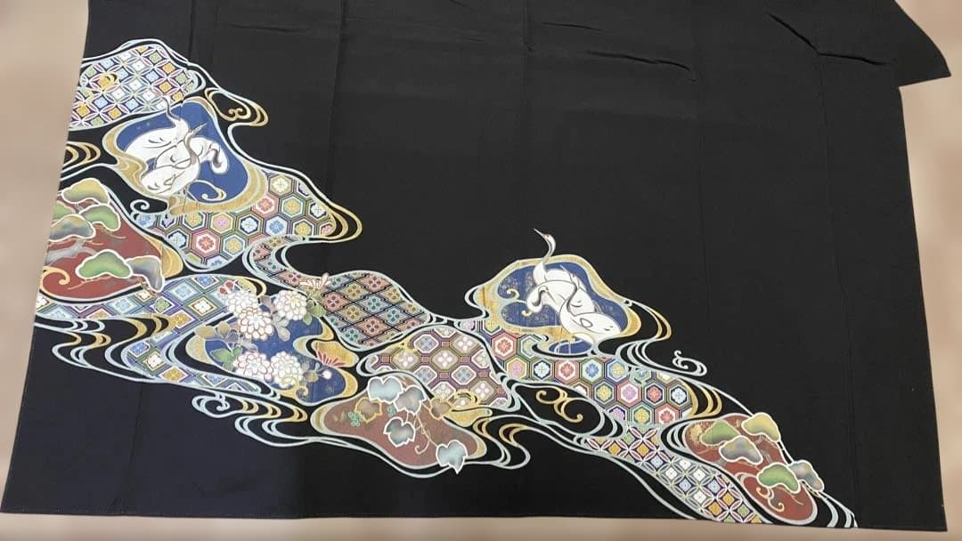 《LL 118cm》黒留袖リメイク ヨーク切り替え 七分袖 ワンピース