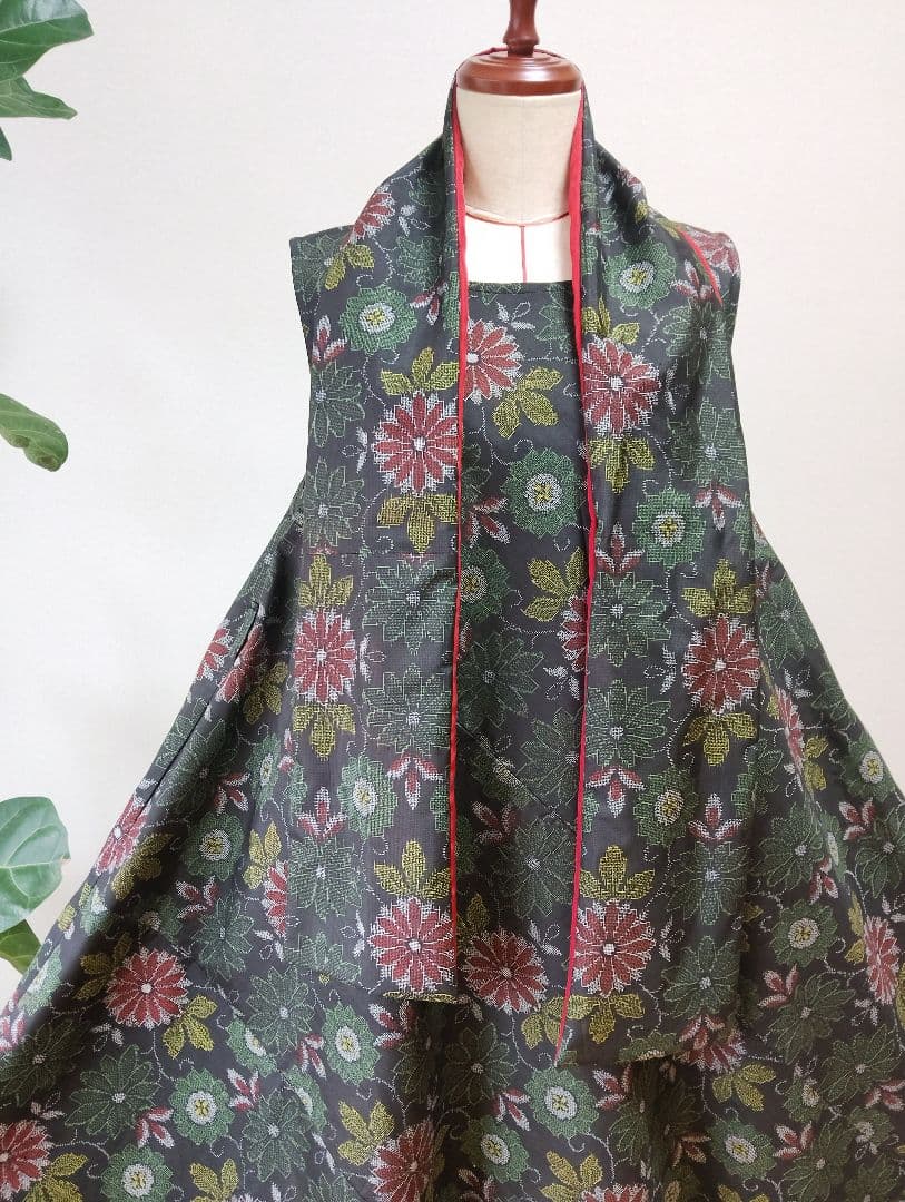 着物リメイク❉大島紬フレアーワンピース花柄❉ストールリボン2本付き正絹❉