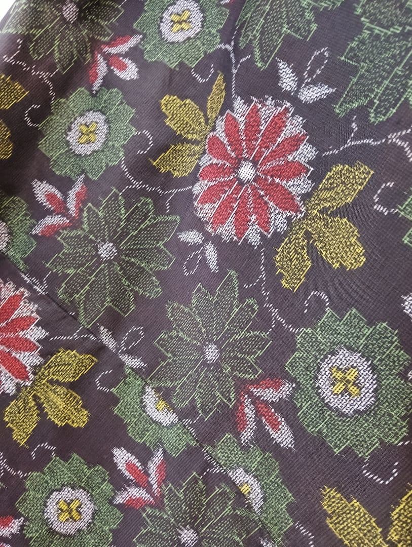 着物リメイク❉大島紬フレアーワンピース花柄❉ストールリボン2本付き正絹❉