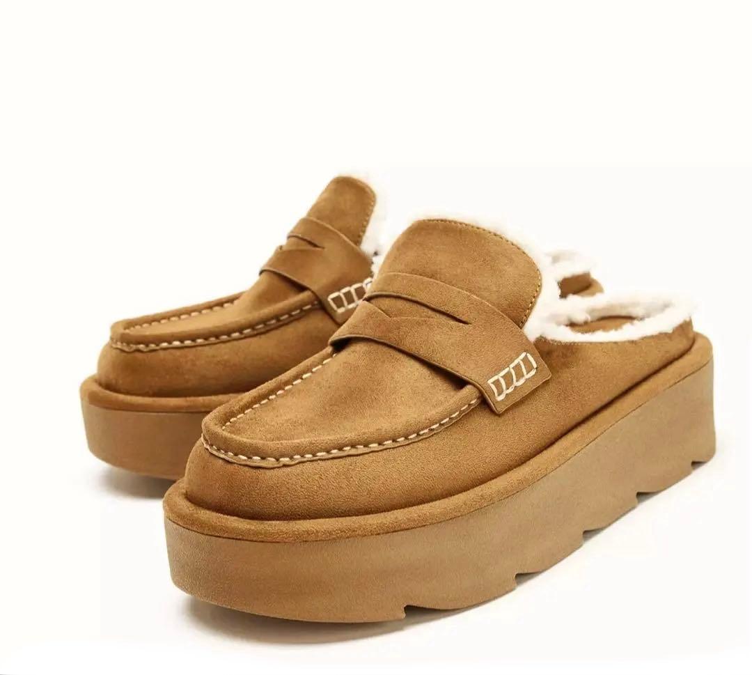 【ZARA】ザラ 39 プラットフォームミュールローファー ムートン ボア