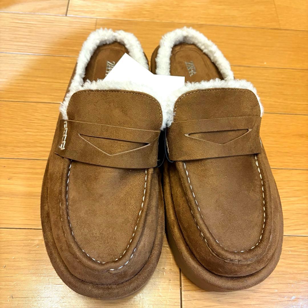 【ZARA】ザラ 39 プラットフォームミュールローファー ムートン ボア
