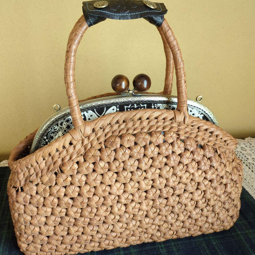 六角花結び編み山葡萄 籠かごバッグがま口ミナペルホネン