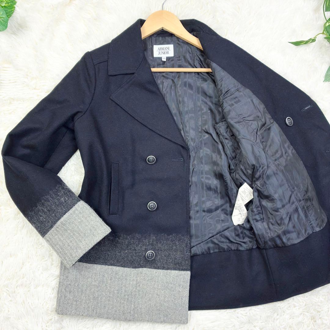 美品　アルマーニジュニア　ウールメルトン　ニット切替　ピーコート　14A　紺色