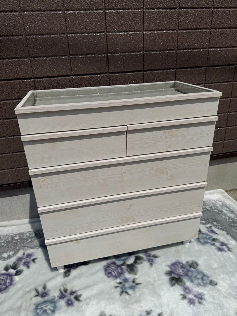【美品】ぼん家具 チェスト 5段 ディスプレイ キャビネット タンス ガラス天板