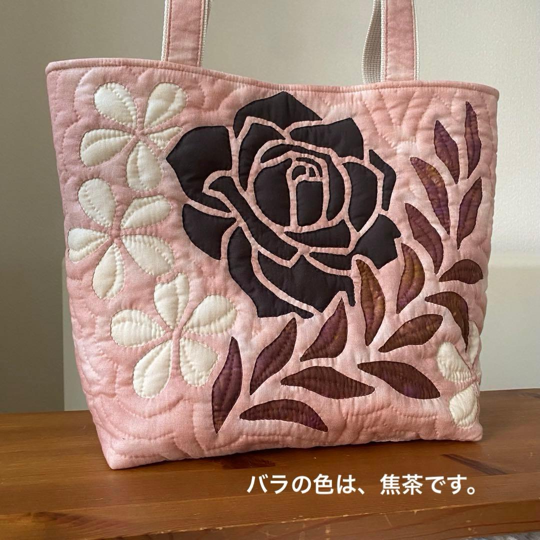ハワイアンキルト◆トートバッグ◆プルメリア、バラ◆ハンドメイド