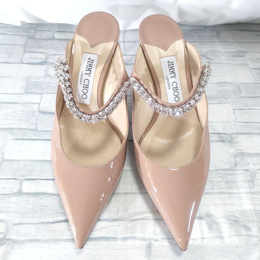 保存袋付き極美品✨ジミーチュウ　エナメルミュール　ビジュー　ピンクベージュ