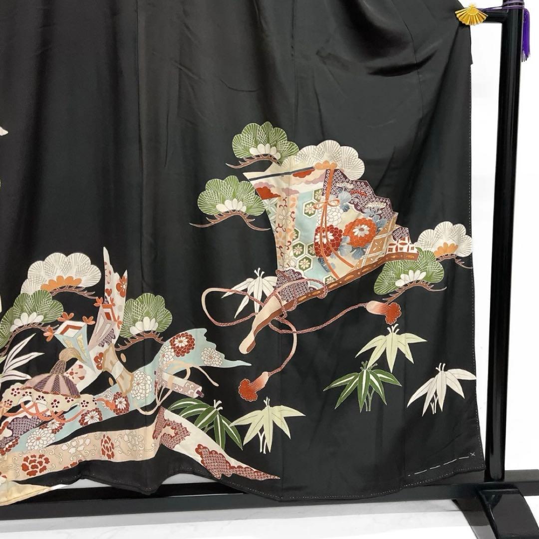 アンティーク　黒留袖　刺繍　束熨斗　巾着　花車　松竹梅　巻物　着物　112b d