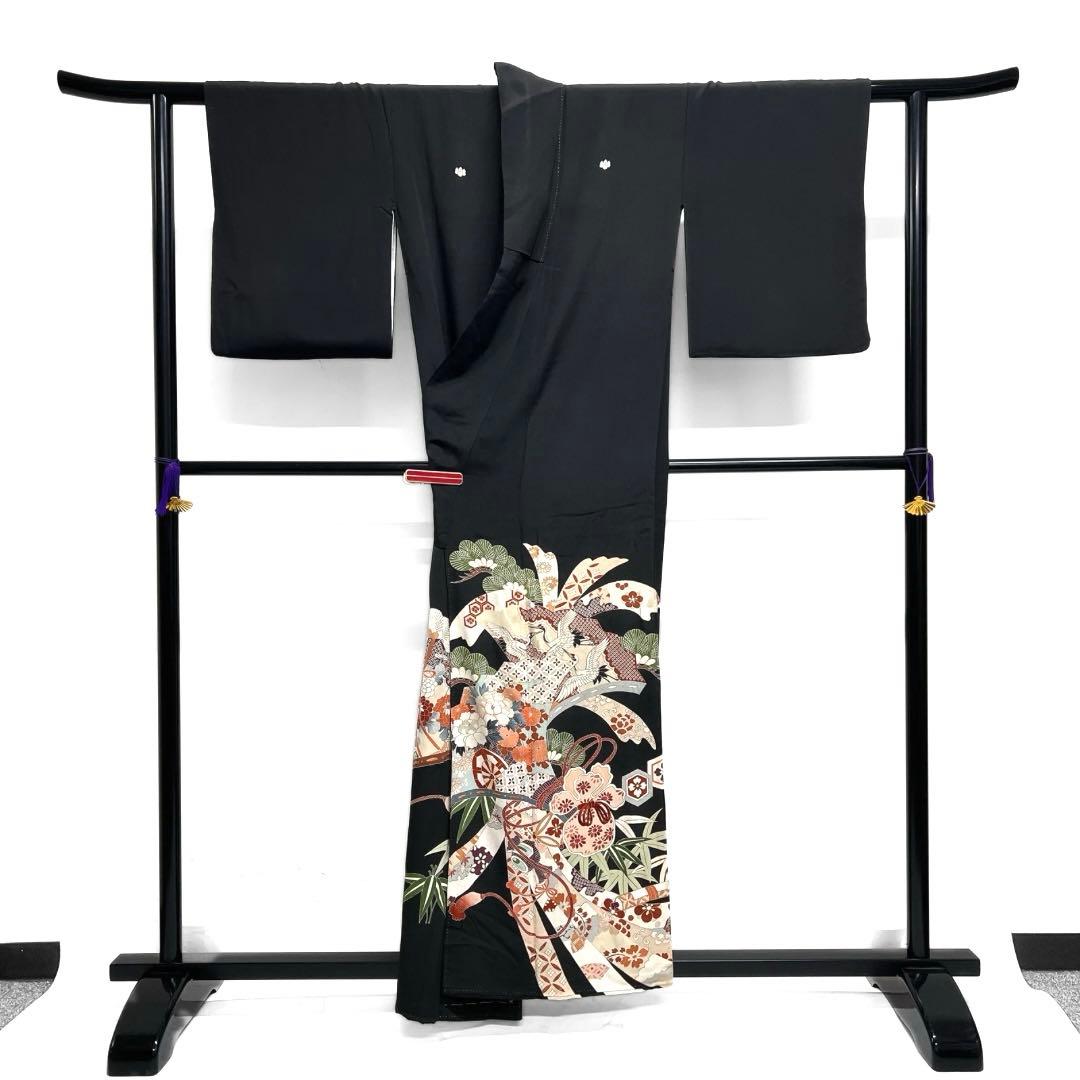 アンティーク　黒留袖　刺繍　束熨斗　巾着　花車　松竹梅　巻物　着物　112b d