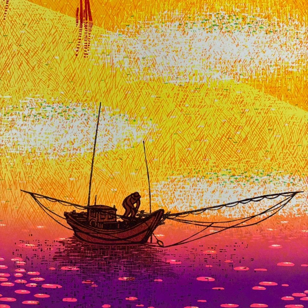 美品 牧野宗則「流れは広く」木版画 1998年制作 直筆サイン入 オリジナル額装