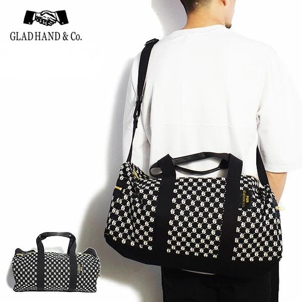 極美品 GLADHAND スピークイージーモノグラム総柄 ドラムバッグ ブラック