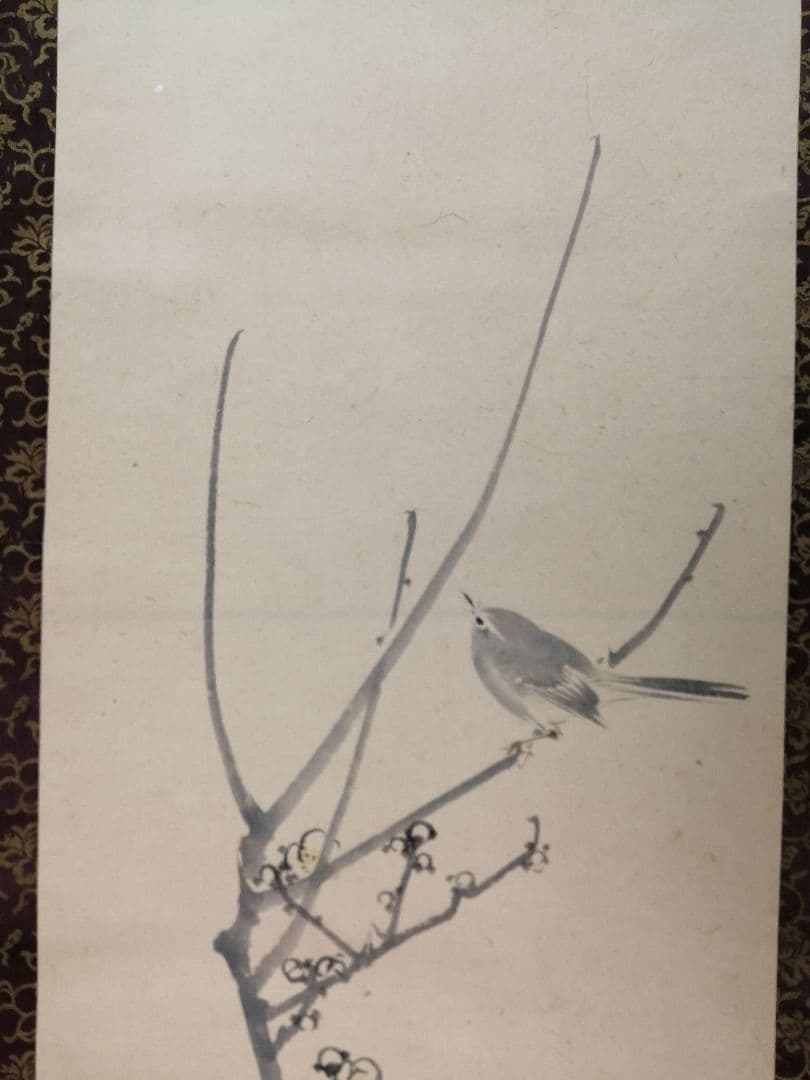 【茶道具】松村景文筆　『梅と鶯』　絵　茶軸　掛軸B931